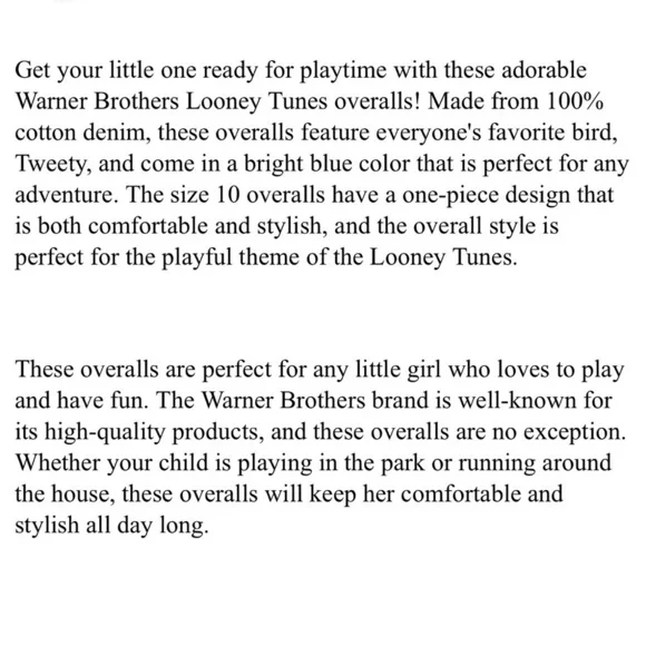 Warner Bros Looney Tunes Kids Tweety Bird Denim Jean Overalls Sz 10 Adj Straps - Picture 6 of 6